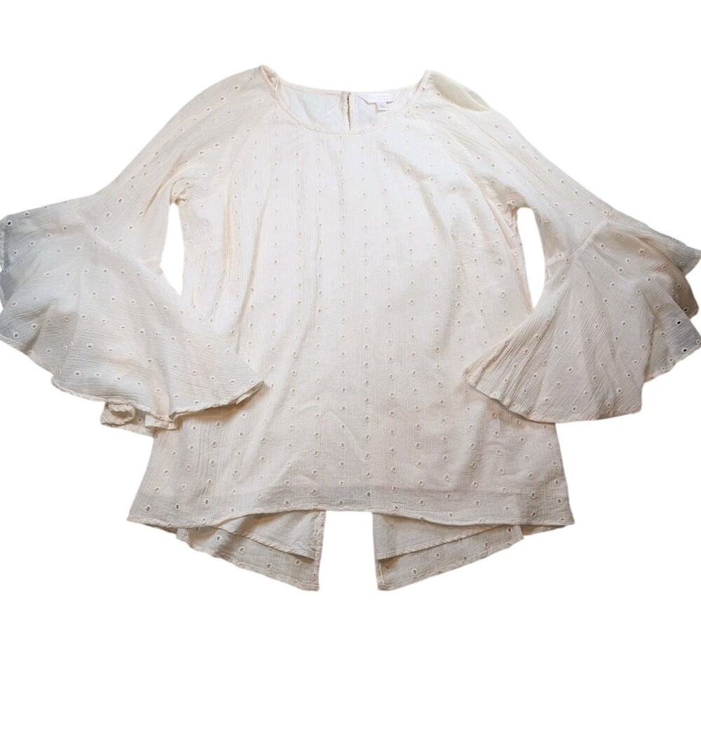 Lauren Conrad Fairycore Sheer Embroidered Blouse Trumpet Sleeve Cream Womens L